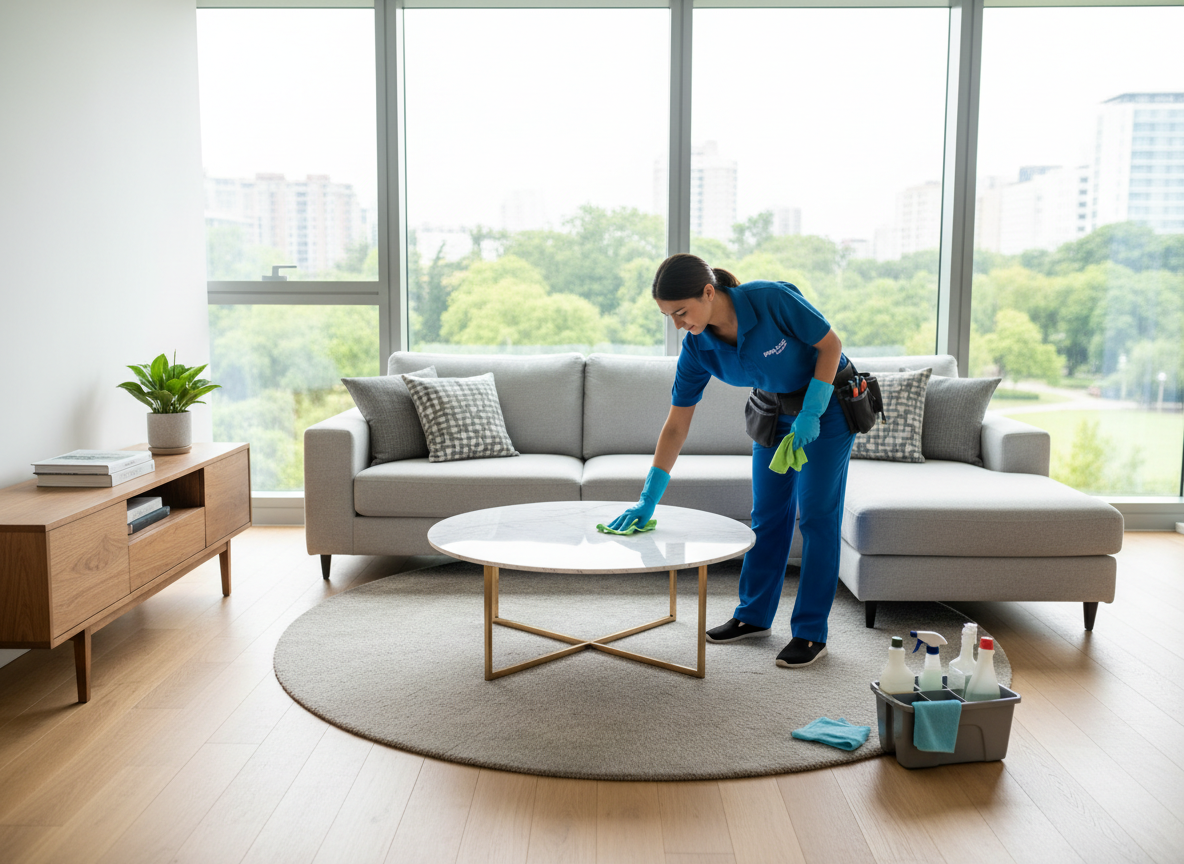 Professional cleaner in uniform tidying a bright modern living space